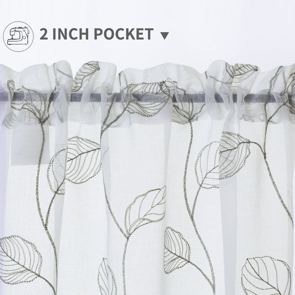 Sheer Window Tiers for Bathroom with Leaf Embroidered Design Rod Pocket Kitchen Window Curtain 2 Panels