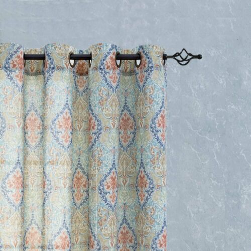 Damask Print Curtains Multicolor Medallion Flax Curtain for Bedroom 2 Panels