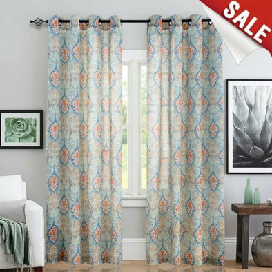 Damask Print Curtains Multicolor Medallion Flax Curtain for Bedroom 2 Panels