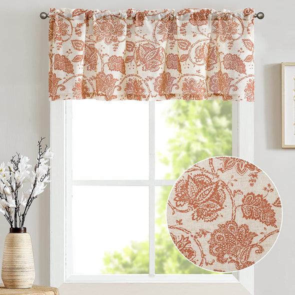 Valances for Window Linen Textured Valance Curtain for Kitchen Rod Pocket Small Window Curtains Medallion Design Rustic Jacobean Floral Printed Valance 1 Panel 18 Inch