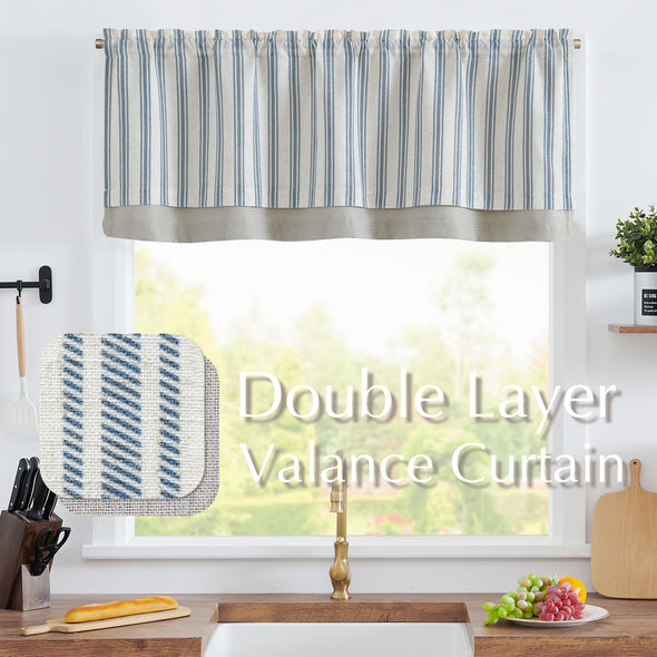jinchan Striped Valance Window Treatment Linen Valance for Small Window Valance Double Layer Farmhouse Valance Curtain Light Filtering Flax Valance 18 Inch Length Rod Pocket 1 Panel Grey on Beige