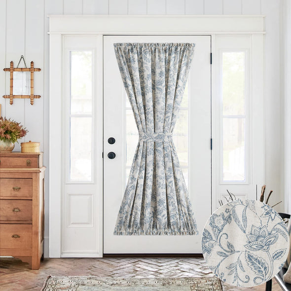 French Door Curtain Linen Textured Door Curtain Botanic Design Floral Printed Rustic Door Panel Rod Pocket Curtain for Privacy Tieback Included