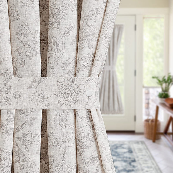 French Door Curtain Linen Textured Door Curtain Botanic Design Floral Printed Rustic Door Panel Rod Pocket Curtain for Privacy Tieback Included