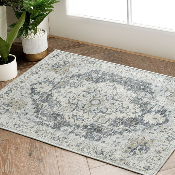 JINCHAN Area Rug Persian Rug Vintage Rug Indoor Distressed Carpet Gray Thin Rug Chenille Mat Foldable Accent Rug Lightweight Kitchen Living Room Bedroom Dining Room