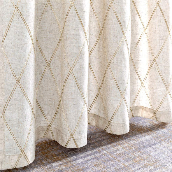 Linen Curtains for Living Room Gold Diamond Embroidered Curtains Geometric Patterned Window Drapes Flax Window Treatment Set for Bedroom Grommet Curtains 2 Panels