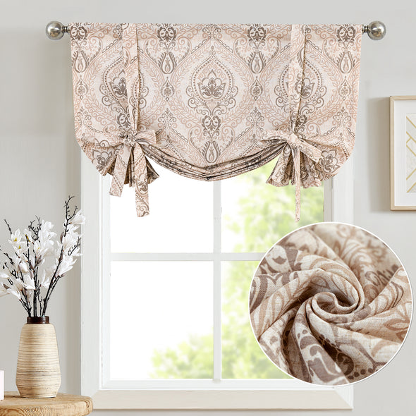 Tie Up Shade Curtains Damask Printed Paisley Rod Pocket Drapes for Kitchen Living Room Multicolor Medallion Flax Window Curtain 1 Panel