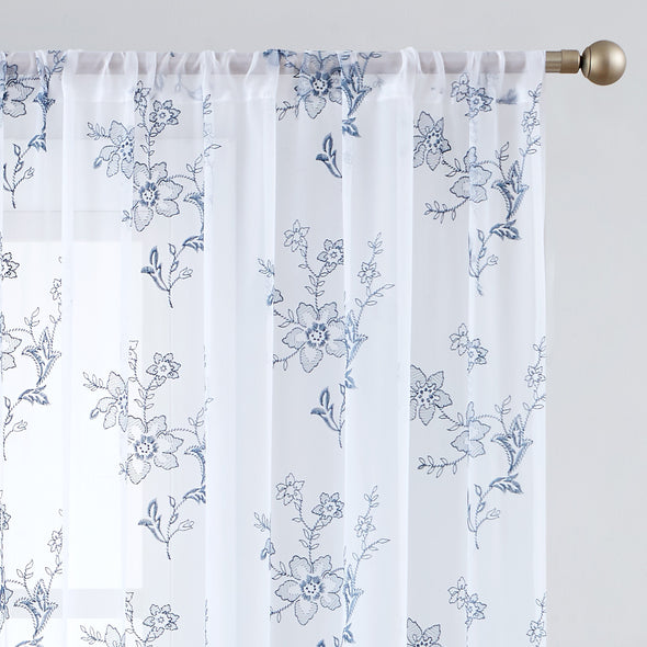 Sheer Curtains for Living Room Embroidered Voile Window Curtains with Floral Design 63 inch Bedroom Kitchen Vintage Rod Pocket 2 Panels Blue on White