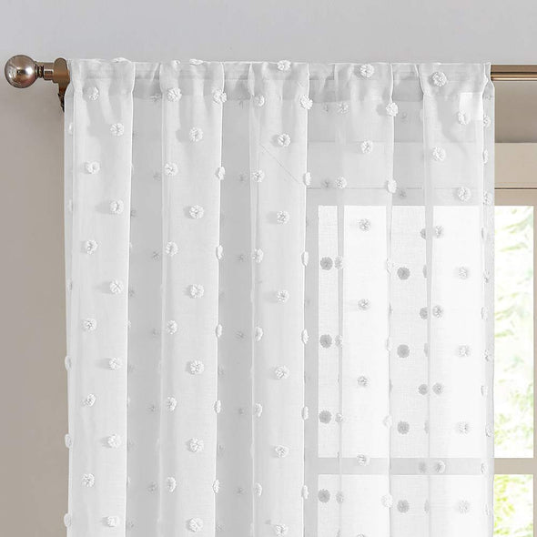 Sheer Window Curtains Textured Rod Pocket oile Curtain Voile Curtain Set Bedroom Embroidered with Pom Pom 2 Panels