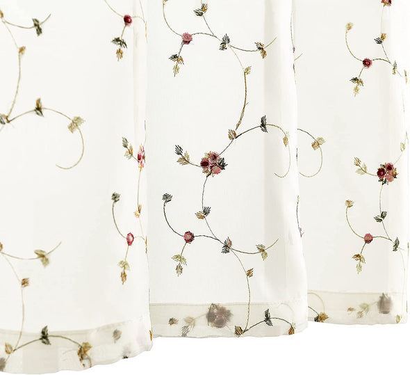 Kitchen Curtains Floral Embroidered Sheer Drapes 24 Inch 2 Panels Rod Pocket White Cafe Tier Curtain Vintage Medieval Rose Voile Bathroom Window Treatment Red