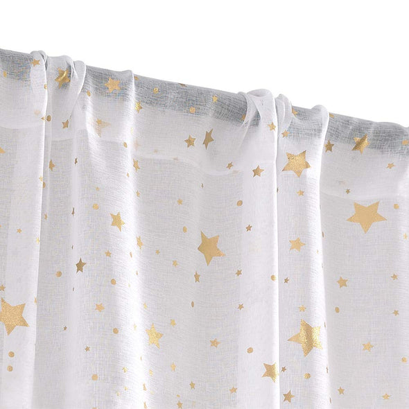 Rod Pocket Window Curtains for Girls Bedroom Starry Night Cute Twinkle Star Faux Linen Textured Drapes Set 2 Panels