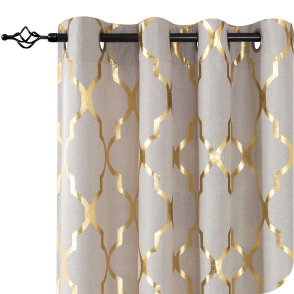 Moroccan Tile Print Blackout Curtain Linen Textured Panels for Bedroom Room Grommet Window Treatment Set for Living Room