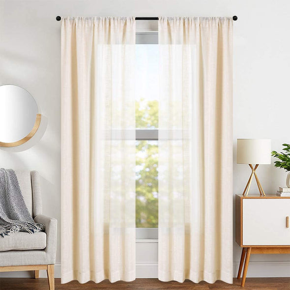 Crosshatch Sheer Curtains Rod Pocket Open Weave Drapes for Living Room Heave Weight Linen Look Window Treatment Set for Living Room,Set of Two