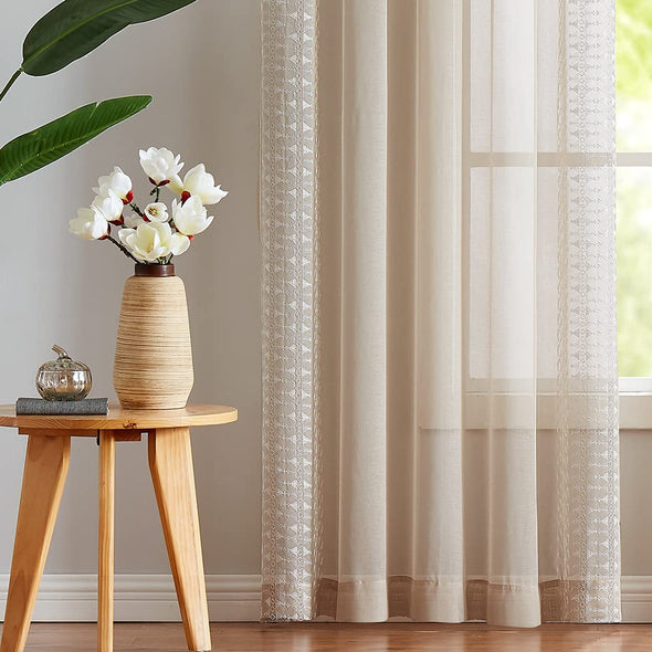 Sheer Curtains Bordered Boho Curtains for Living Room Bedroom Privacy White Sheer Drapes with Emdroidered Voile Drapes Window Curtain Set Rod Pocket 2 Panels