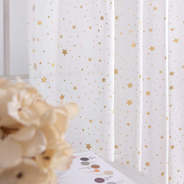 Rod Pocket Window Curtains for Girls Bedroom Starry Night Cute Twinkle Star Faux Linen Textured Drapes Set 2 Panels