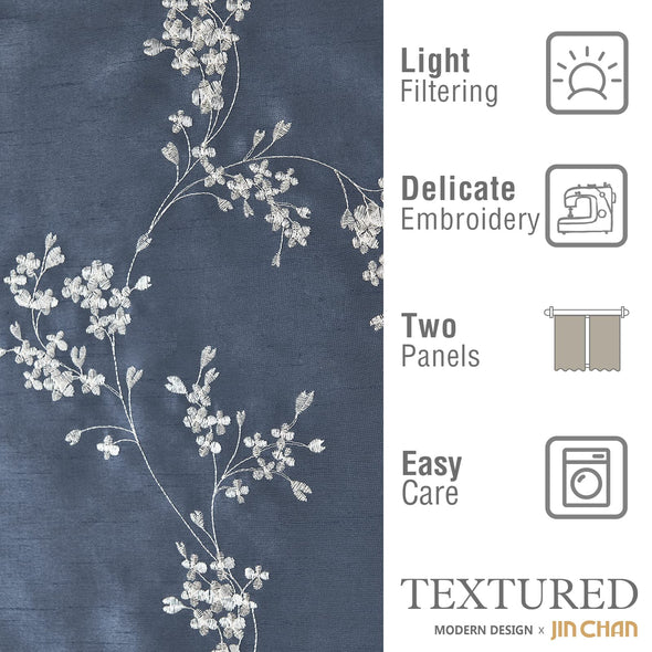 Lined Luxury Faux Silk Floral Embroidered Grommet Top Curtains for Bedroom Embroidery Curtain for Living Room
