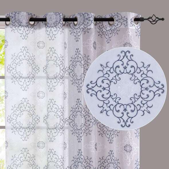 Luxuriant Embroidered Sheer Curtains 63 84 95 Inches Long for Living Room Bedroom Grommet Top