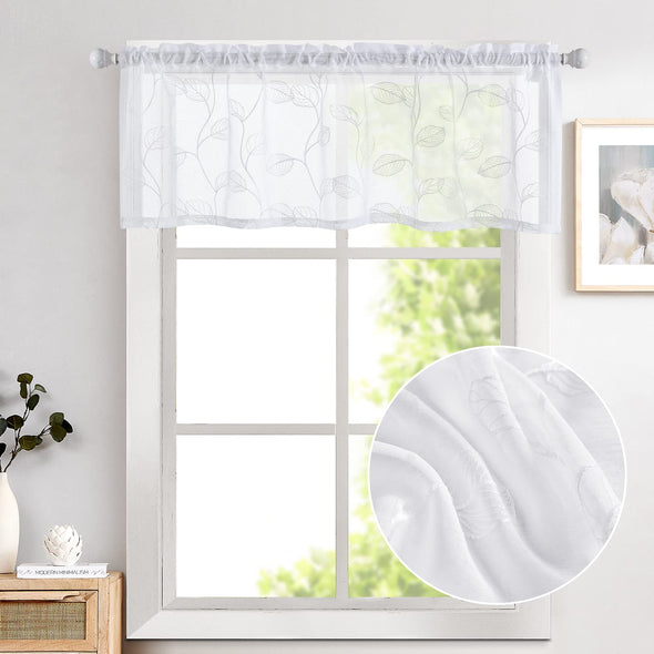 Sheer Valance with Leaf Embroidered Design Rod Pocket Bedroom Living Room Window Valances Curtain 1 Panel