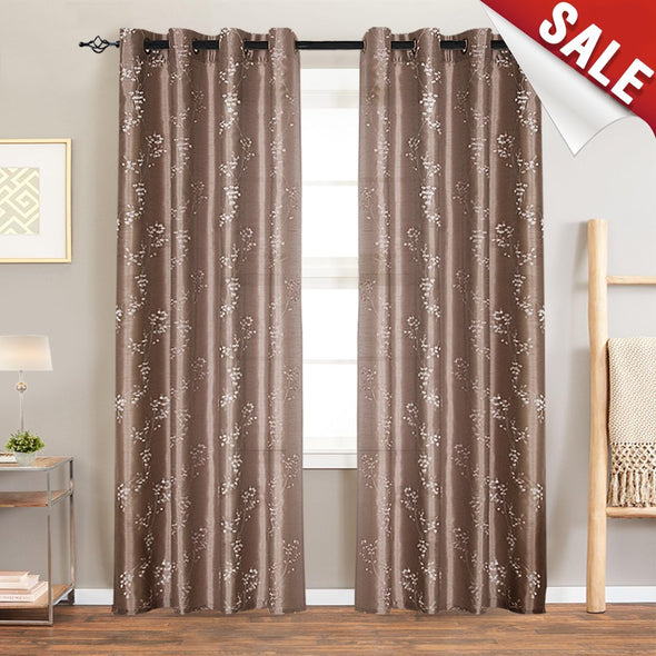 Faux Silk Floral Embroidered Grommet Top Curtains for Living Room  2 Pieces