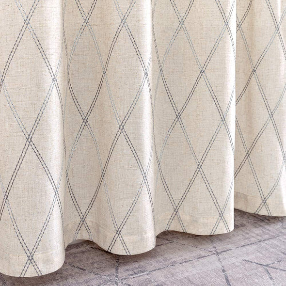 Linen Curtains for Living Room Gold Diamond Embroidered Curtains Geometric Patterned Window Drapes Flax Window Treatment Set for Bedroom Grommet Curtains 2 Panels
