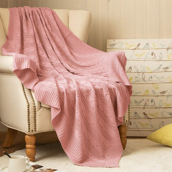 Throw Blanket Pink Lightweight Cable Knit Sweater Style Year Round Gift Indoor Outdoor Travel Accent Throw for Sofa Comforter Couch Bed Recliner Living Room Bedroom
