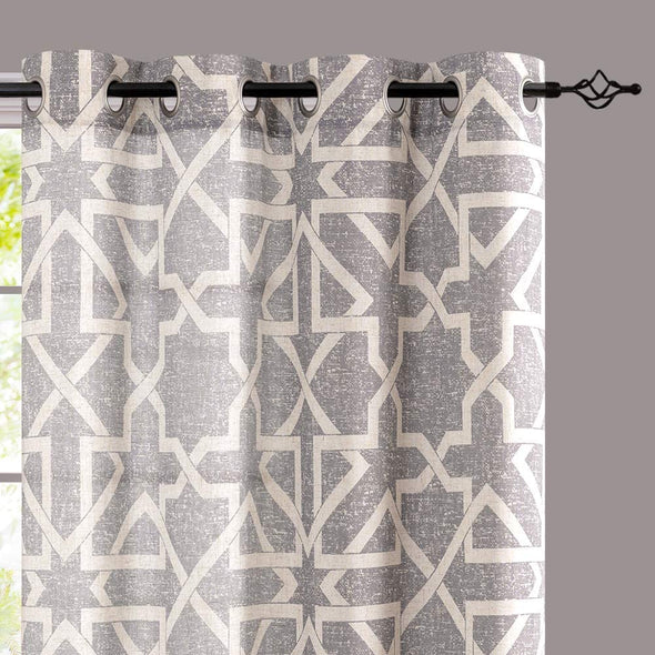 Linen Curtains for Living Room Flax Linen Blend Textured on Beige Drapes Geometry Pattern Print Grommet Window Treatment Set for Bedroom 2 Panels