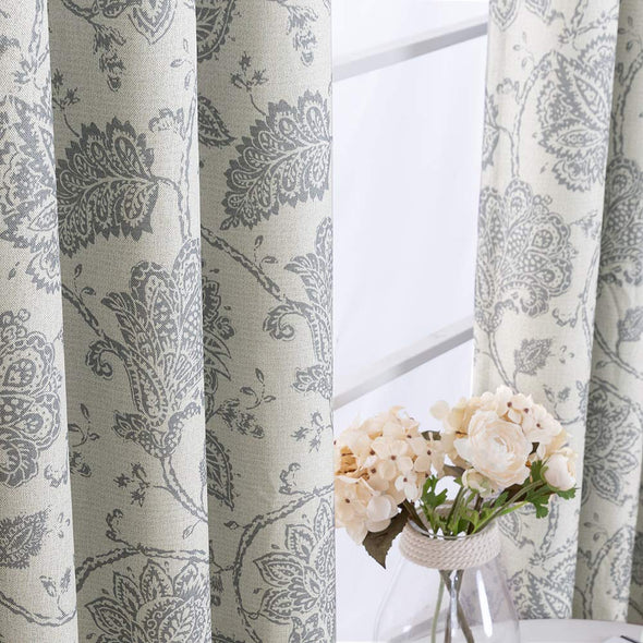 Paisley Scroll Printed Linen Textured Curtains Grommet Top 1Pair