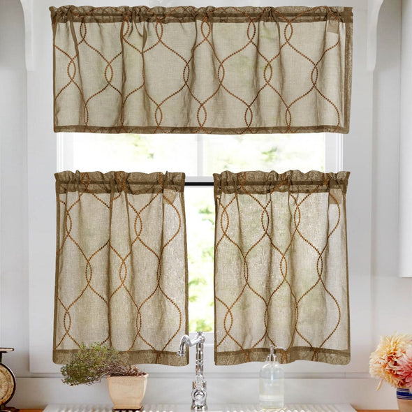 Tier and Valance Curtain Sets Moroccan Trellis Pattern 3 Pieces Kitchen Curtains