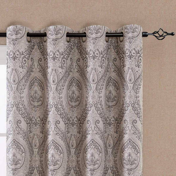 Linen Textured Blackout Curtains for Bedroom Damask Printed Drapes Panels for Living Room Patio Door 1 Pair