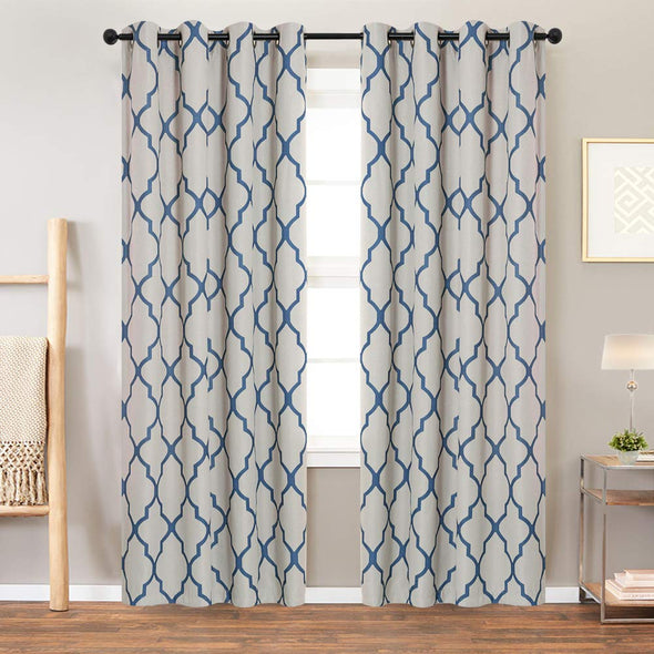 Moroccan Tile Print Blackout Curtain Linen Textured Panels for Bedroom Room Grommet Window Treatment Set for Living Room