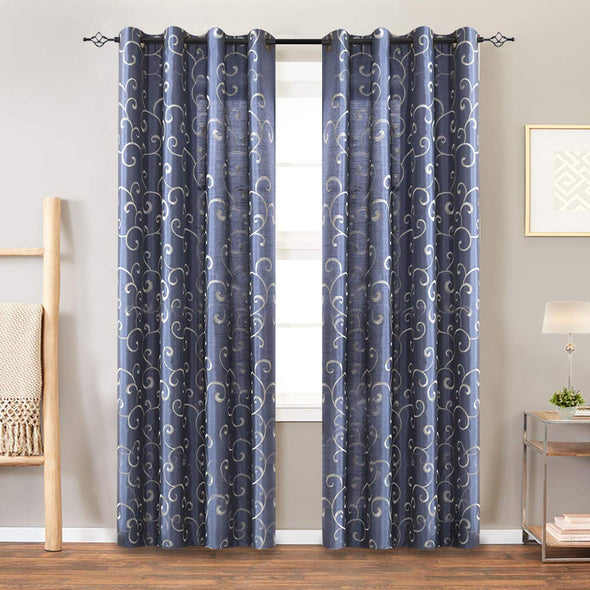Faux Silk Swirl Embroidered Grommet Top Curtains Bedroom 2 Panels