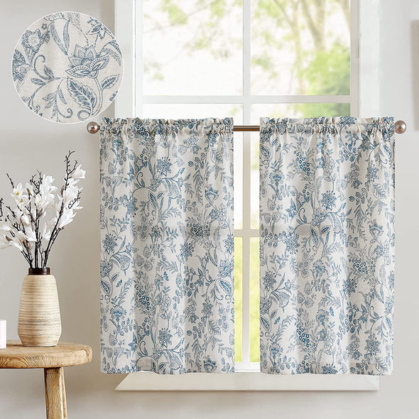 JINCHAN Floral Kitchen Curtains 36 Inch Linen Tier Curtains Farmhouse Cafe Curtains Country Botanic Small Window Curtains Rod Pocket Rustic Flax for Laundry Room Bathroom RV 2 Panels Blue on Beige