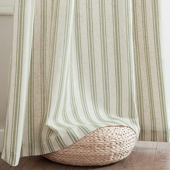 JINCHAN Linen Curtains 63 Inches Long for Living Room Green Striped Curtains Farmhouse Ticking Stripe Curtains Bedroom Country Rustic Window Pinstripe Print Curtains Grommet 2 Panels Sage on Flax