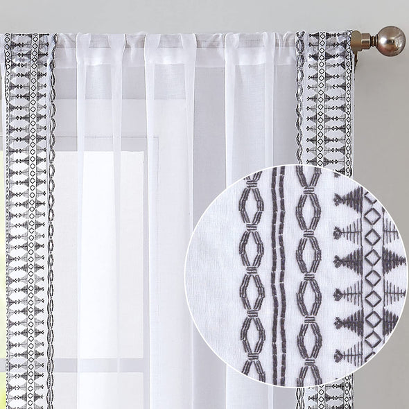 Sheer Curtains Bordered Boho Curtains for Living Room Bedroom Privacy White Sheer Drapes with Emdroidered Voile Drapes Window Curtain Set Rod Pocket 2 Panels