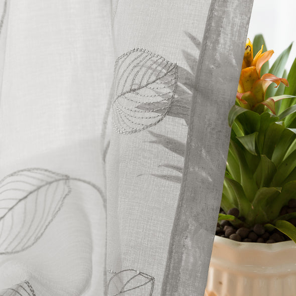 Leaf Embroidered Sheer Curtains for Living Room Rod Pocket 2 Panels