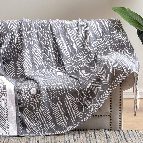 JINCHAN Grey Throw Blanket 100% Cotton Blanket Twin Size Blanket for Couch Bed Decor 3 Layer Summer Blanket Boho Throw Gray Cotton Coverlet Geometric Mudcloth Skin-Frienly Throw Gift 60x80 Inch