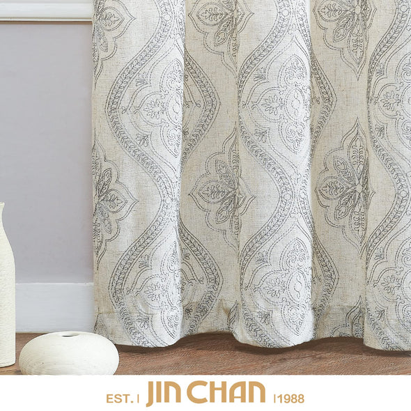 Linen Textured Curtains for Living Room Embroidered Design Window Curtains Light Filtering Flax Linen Look Window Treatment Set for Bedroom Grommet Top 2 Panels