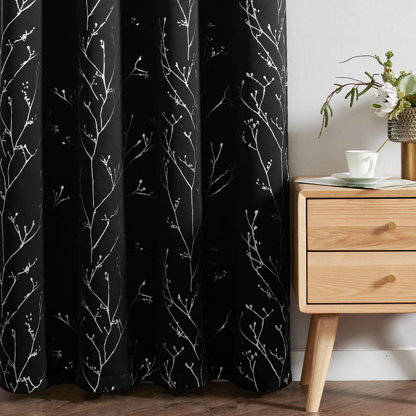 Black Branch Blackout Curtains 63 Inches Length 2 Panels for Living Room Bedroom Silver Foil Print Thermal Insulated Grommet Top Window Drapes