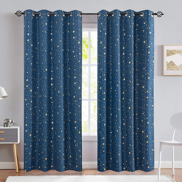 Blackout Curtains for Kids Bedroom Gold on Flax Star Design Faux Linen Textured Grommets Shiny Star Window Drapes Living Room 1 Panel
