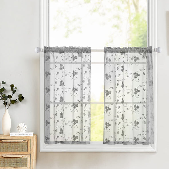 Tier Curtains White 24 Inch Length Kitchen Cafe Floral Embroidered Sheer Window Curtain Set for Bathroom Semi Sheer Curtains Voile Floral Drapes Rod Pocket 2 Panels