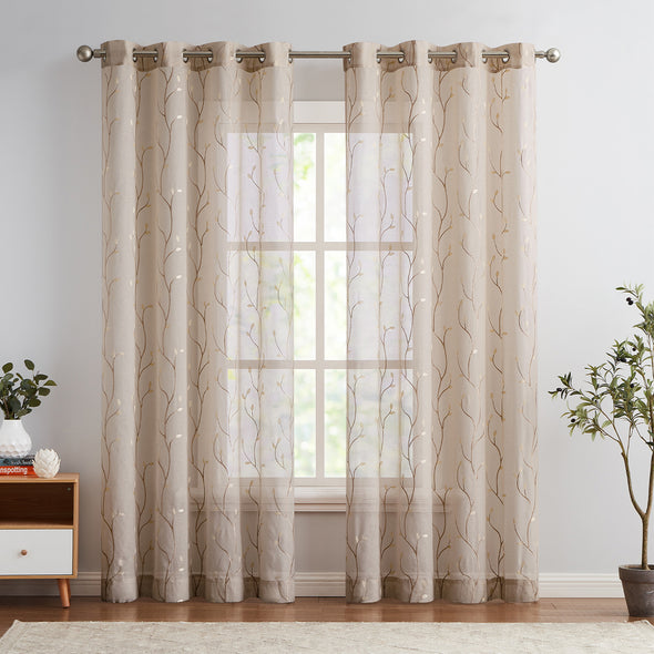 Sheer Curtains for Bedroom Floral Embroidered Sheers for Living Room Embroidery Voile Grommet Window Curtain 2 Panels