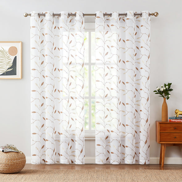 Embroidered Sheer Curtains Floral Leaf Tile White Curtains for Living Room Bedroom Kitchen Farmhouse Voile Drapes Grommet Top Privacy Window Treatment Set of 2 Panels