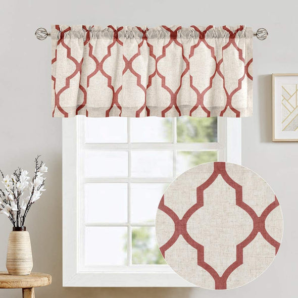 jinchan Moroccan Curtain Valance for Kitchen Living Room Quatrefoil Flax Linen Blend Textured Geometry Lattice Rod Pocket Small Window Curtains Treatment 1 Panel 16 Inch