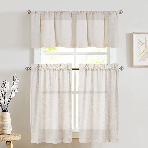 JINCHAN Kitchen Curtains and Valances Set Tier Curtains Linen Curtains Beige Cafe Curtains 24 Inch Length Living Room Bedroom Bathroom Farmhouse Rustic Country Curtains 3 Piece Set Rod Pocket
