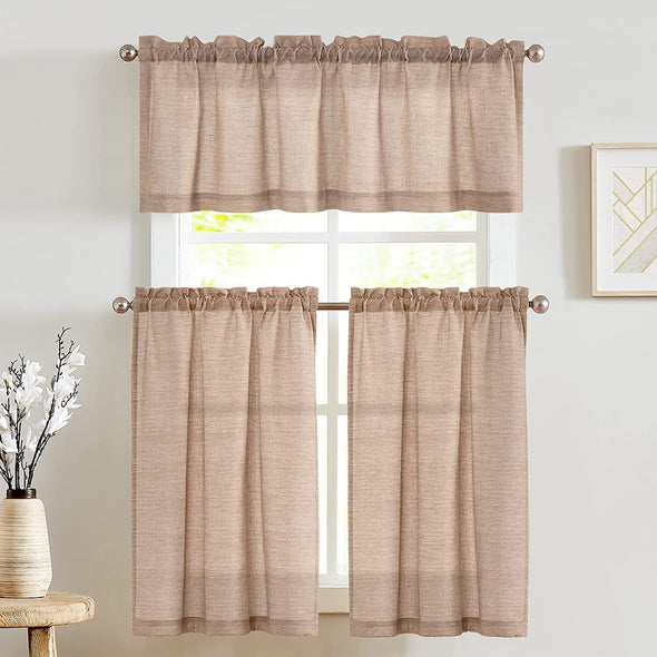 JINCHAN Kitchen Curtains and Valances Set Tier Curtains Linen Curtains Beige Cafe Curtains 24 Inch Length Living Room Bedroom Bathroom Farmhouse Rustic Country Curtains 3 Piece Set Rod Pocket